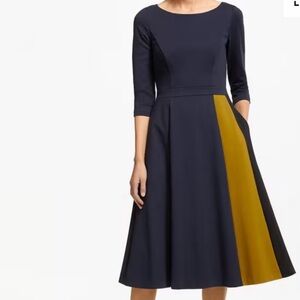 Boden Claudia Ponte Midi Dress Navy Gold Size 4 Colorblock Fit and Flare